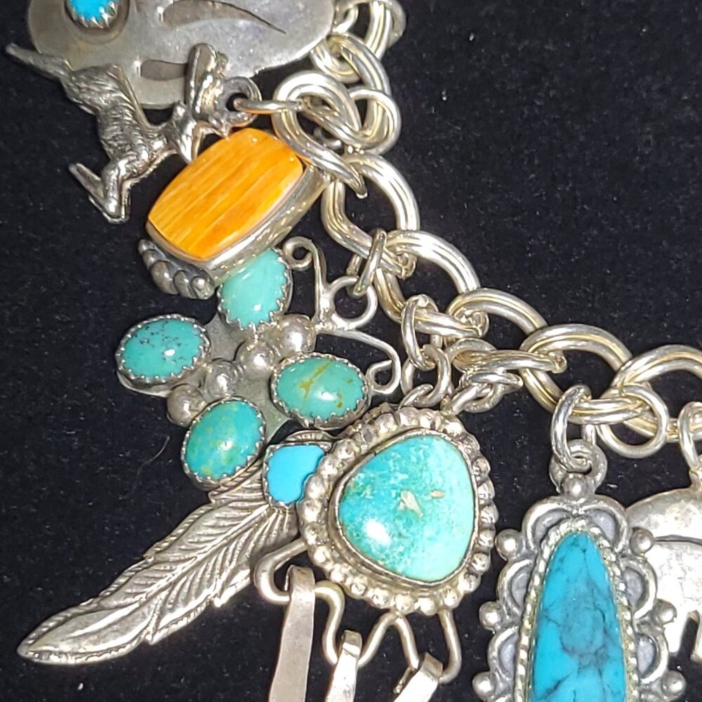 NAVAJO, HOPI, ZUNI & PAWN Turquoise Spiny Oyster, Lapis, Coral CHARM BRACELET - Picture 3 of 12